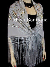 Flamenco Embroidered Silk Piano Shawl Wrap Silver Multi Flower & Birds 84" Maya