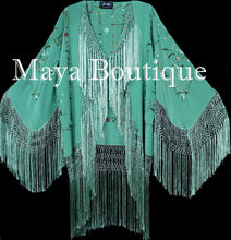 Embroidered Silk Fringe Jacket Kimono Tiffany Green Hand Dyed Maya Matazaro USA
