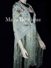 Maya Matazaro Flamenco Embroidered Silk Piano Shawl Wrap Sage Green 84"