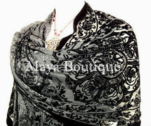Black Shawl Wrap Scarf Silk Burnout Velvet Beaded Oblong Maya Matazaro