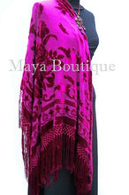 Fuchsia Silk Burnout Velvet Piano Shawl Wrap Fringed Scarf Maya Matazaro