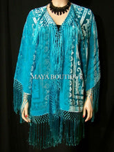 Silk Burnout Velvet Silk Short Fringe Jacket Light Turquoise NEW Hand Dyed