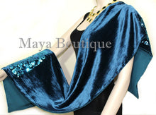 Teal Blue Scarf Sequin Velvet & Georgette Double Sided Maya Matazaro