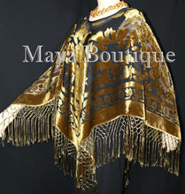 Maya Matazaro Antique Gold & Black Burnout Velvet Poncho Shawl Top With Fringes