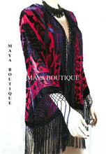 Burnout Velvet Silk Fringe Jacket Kimono Red & Navy Maya Matazaro NEW