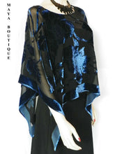 Silk Burnout Velvet Poncho Kimono Top Sapphire & Black No Fringe Maya Matazaro