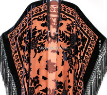 Caftan Duster Fringe Jacket Kimono Tangerine & Black Silk Burnout Velvet Maya