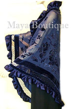 Navy Blue Shawl Scarf Wrap Silk Burnout Velvet Triangle Ruffles Maya Matazaro