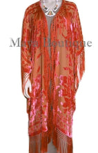 Maya Matazaro Orange Kimono Fringe Jacket Opera Coat Silk Burnout Velvet