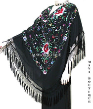 Embroidered Silk Piano Shawl Wrap Flamenco Roses Black Fringe 61" Maya Matazaro
