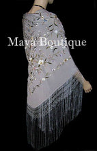 Flamenco Embroidered Silk Piano Shawl Wrap Silver Multi Flower & Birds 84" Maya