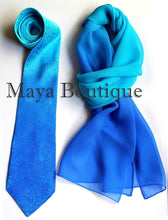 Matching Silk Neck Tie & Scarf Hand Dyed Blue Turquoise Ombre Maya Matazaro