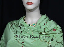 Silk Embroidered Flamenco Piano Shawl Wrap Mint Green Hand Dyed Maya Matazaro
