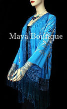 Flamenco Embroidered Silk Fringe Jacket Kimono Teal & Gray Short Maya Matazaro