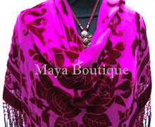 Fuchsia Silk Burnout Velvet Piano Shawl Wrap Fringed Scarf Maya Matazaro