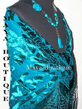 Turquoise Piano Shawl Scarf Fringed Wrap Silk Burnout Velvet Maya Matazaro