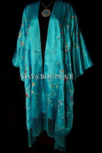 Turquoise Embroidered Silk Kimono Caftan Duster Opera Coat Maya Matazaro Plus