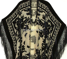 Caftan Duster Fringe Jacket Kimono Black & Beige Silk Burnout Velvet Maya