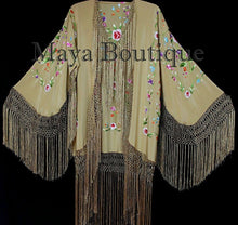 Gold Beige Silk Embroidered Fringe Jacket Flamenco Kimono Multi Maya Matazaro