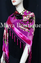 Piano Shawl Scarf Wrap Fuchsia Victorian Rose Silk Burnout Velvet Beaded Fringes