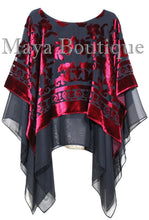 Maya Hand Dyed Layered Poncho Top Red Black Burnout Velvet & Chiffon Made In USA
