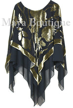 Maya Matazaro Layered Poncho Top Silk Burnout Velvet Chiffon Black Antique Gold