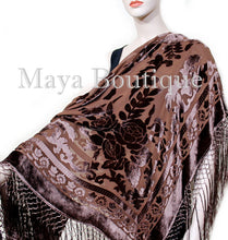 Maya Matazaro Piano Shawl Scarf Fringe Wrap Silk Burnout Velvet Chocolate Brown