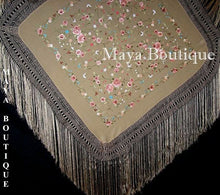 Flamenco Embroidered Silk Piano Shawl Wrap Wheat Floral 84" Maya Matazaro
