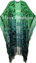 Green Wearable Art Kimono Caftan Fringe Jacket Burnout Velvet Hand Dyed Maya