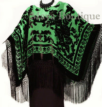 Maya Matazaro Green & Black Silk Burnout Velvet Poncho Shawl Top With Fringes