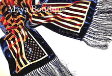 American USA Flag Silk Burnout Velvet Scarf Wrap With Fringes Maya Matazaro