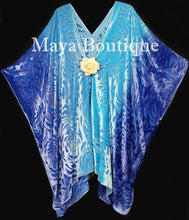 Blue Turquoise Camellia Burnout Velvet Caftan Kimono Hand Dyed Maya Matazaro USA