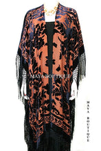 Caftan Duster Fringe Jacket Kimono Tangerine & Black Silk Burnout Velvet Maya