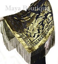 Antique Gold & Black Burnout Velvet Piano Shawl Square Fringed Maya Matazaro