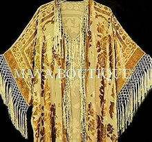 Antique Gold Silk Burnout Velvet Fringe Jacket Kimono Duster Maya Matazaro Plus