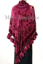 BURGUNDY Shawl Scarf Wrap Silk Burnout Velvet Triangle Ruffles Maya Matazaro