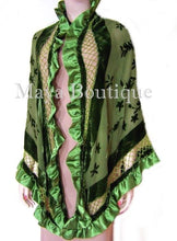 Silk Shawl Wrap Beaded Burnout Velvet Green Triangle Satin Ruffles Maya Matazaro
