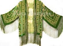 Green & Gold Fringe Jacket Kimono Silk Burnout Velvet Short Maya Matazaro