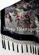 Black Wrap Scarf Shawl Silk Burnout Velvet English Rose Beaded Maya Matazaro