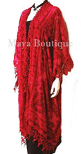 Red Burnout Velvet & Lace Kimono Caftan Jacket Duster Maya Matazaro