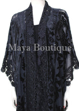 Lace & Burnout Velvet Kimono Caftan Jacket Duster Black Maya Matazaro Plus
