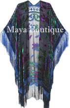 Maya Matazaro Tye Dye Navy Blue Multi Fringe Kimono Burrnout Velvet Jacket Coat