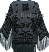 Flapper Fringe Jacket Kimono Black Rayon Blend Burnout Velvet Short Maya Jacket