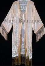 Peach Fringes Jacket Kimono Silk Burnout Velvet Flapper Style Maya Matazaro USA