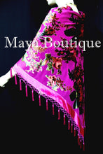 Piano Shawl Scarf Wrap Fuchsia Victorian Rose Silk Burnout Velvet Beaded Fringes