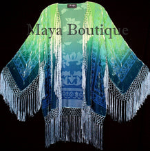 Burnout Velvet Silk Fringe Jacket Kimono Hand dyed Green Teal Maya Wearable Art
