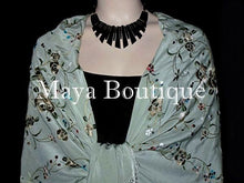 Maya Matazaro Flamenco Embroidered Silk Piano Shawl Wrap Sage Green 84"
