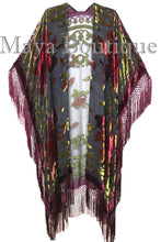 Maya Matazaro Tye Dye Burgundy Multi Fringe Kimono Burrnout Velvet Jacket Coat