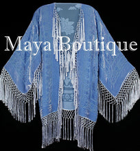 Maya Matazaro Serenity Blue Kimono Silk Burnout Velvet Fringe Jacket Short