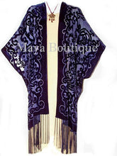 Navy Blue Caftan Kimono Duster Burnout Velvet Art Nouveau Maya Matazaro